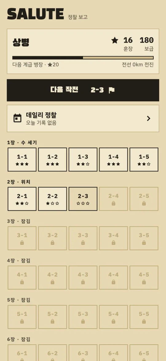 상황판 화면 — 계급과 훈장, 다음 작전, 데일리 정찰, 장별 작전 칸